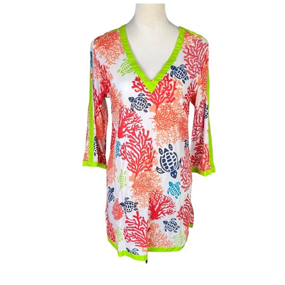 Peppermint Bay Colorful Orange Coral & Turtle Print Tunic Beach Swim Coverup - Picture 1 of 10